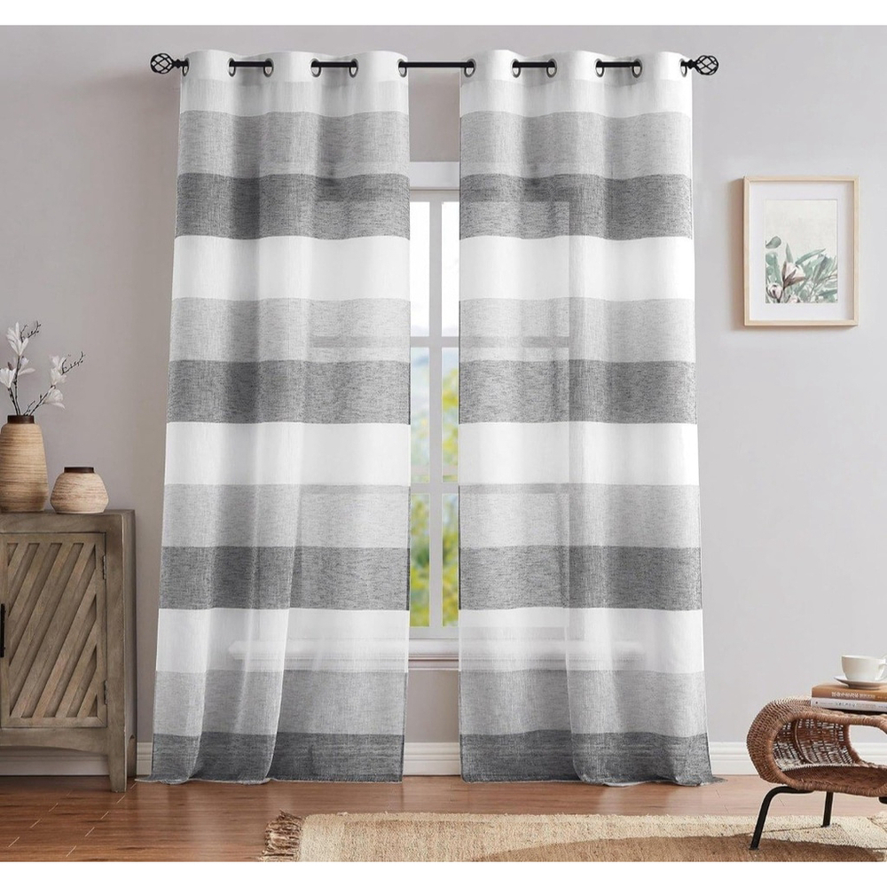Central Park Ombre Semi Sheer Linen Curtain Panels 40” X 84” Striped NIP